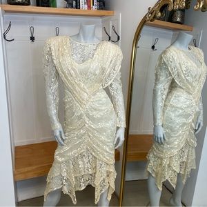 Vintage 80s Ivory Lace Wrap Ruffle Dress